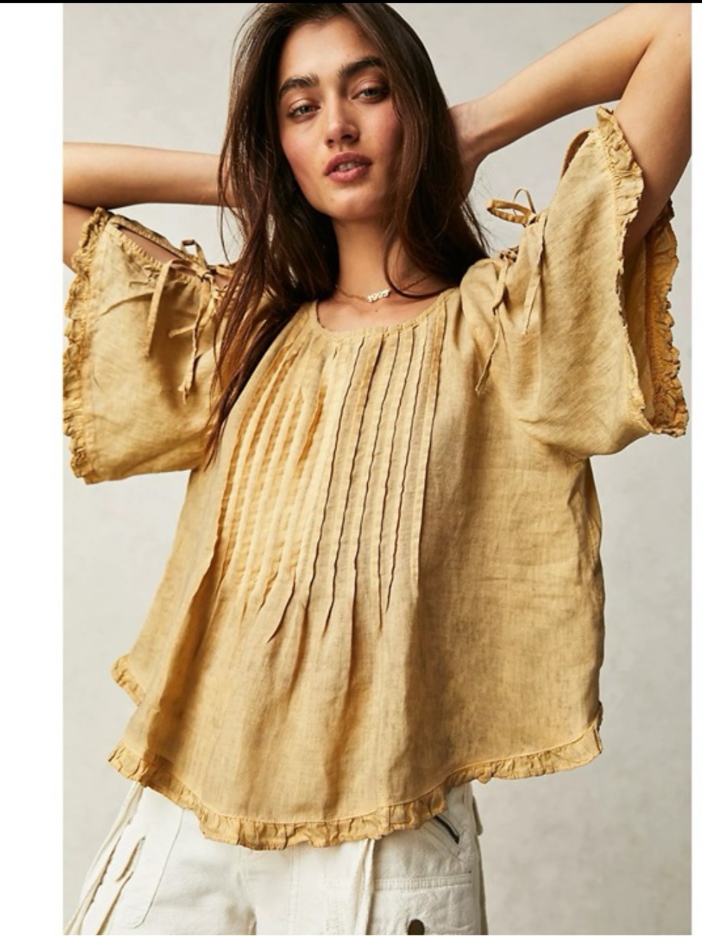 Free People Lilia Pintuck Tan Linen Peasant Top Sz XS